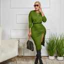 GOKATOSAU Women's One Off Shoulder Long Sleeve Split Adjustable Drawstring Ruched Midi Dress Green (Green, XL)