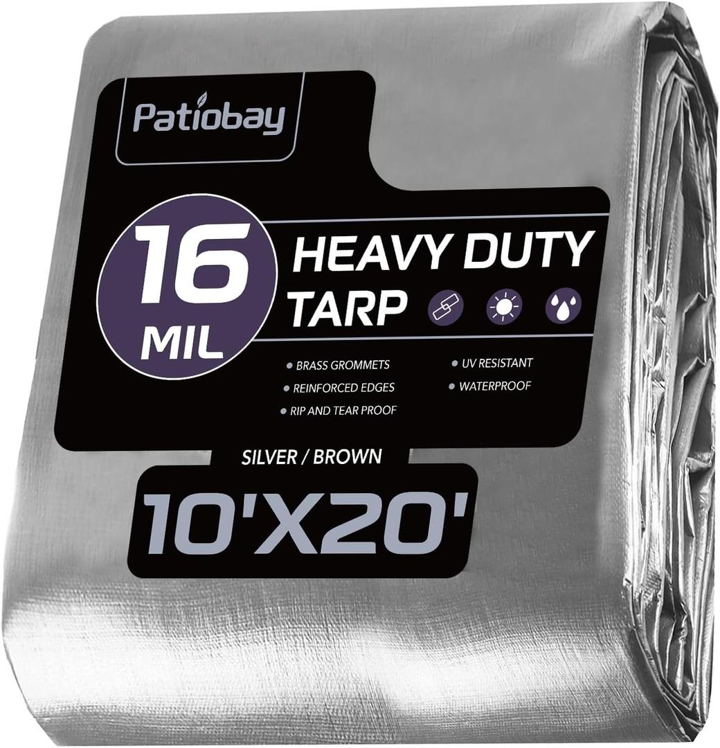 Tarp 10x20FT, 16 Mil, Heavy Duty Waterproof Tarps with Grommets Every 23.6", 420D Thick Plastic Tarp, UV Resistant, Tear & Fade Resistant, Reinforced Edges for Outdoor Pool, Camp, Tent