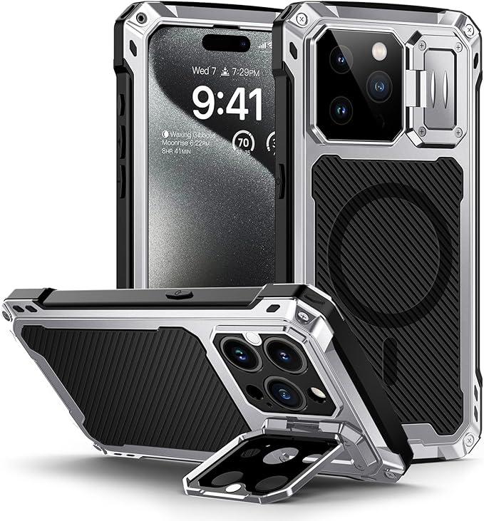Lanhiem for iPhone 15 Pro Max Metal Case, [Built-in Camera Kickstand & Glass Screen Protector] Protective Heavy Duty Full Body Military Rugged Shockproof Magnetic Cover (Silver)