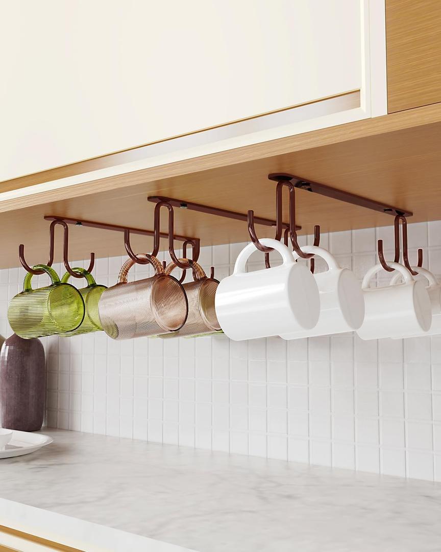 Mug Hooks Under Cabinet 3 Pack, Coffee Cup Hooks for Hanging Under Shelf, Mug Organizer Rack with 12 Hooks for Displaying Mugs, Coffee Cups and Kitchen Utensils, Brown