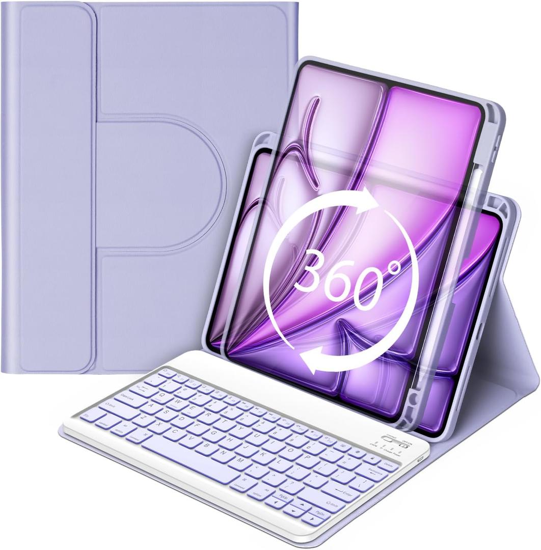 BETTDOW Keyboard Case for iPad Air 13 inch M3 2025/M2 2024,iPad Pro 12.9 inch 6th/5th/4th/3rd Gen,360 Rotating Case and Magnetic Detachable Keyboard with Pencil Holder,Portrait/Landscape Modes-Purple