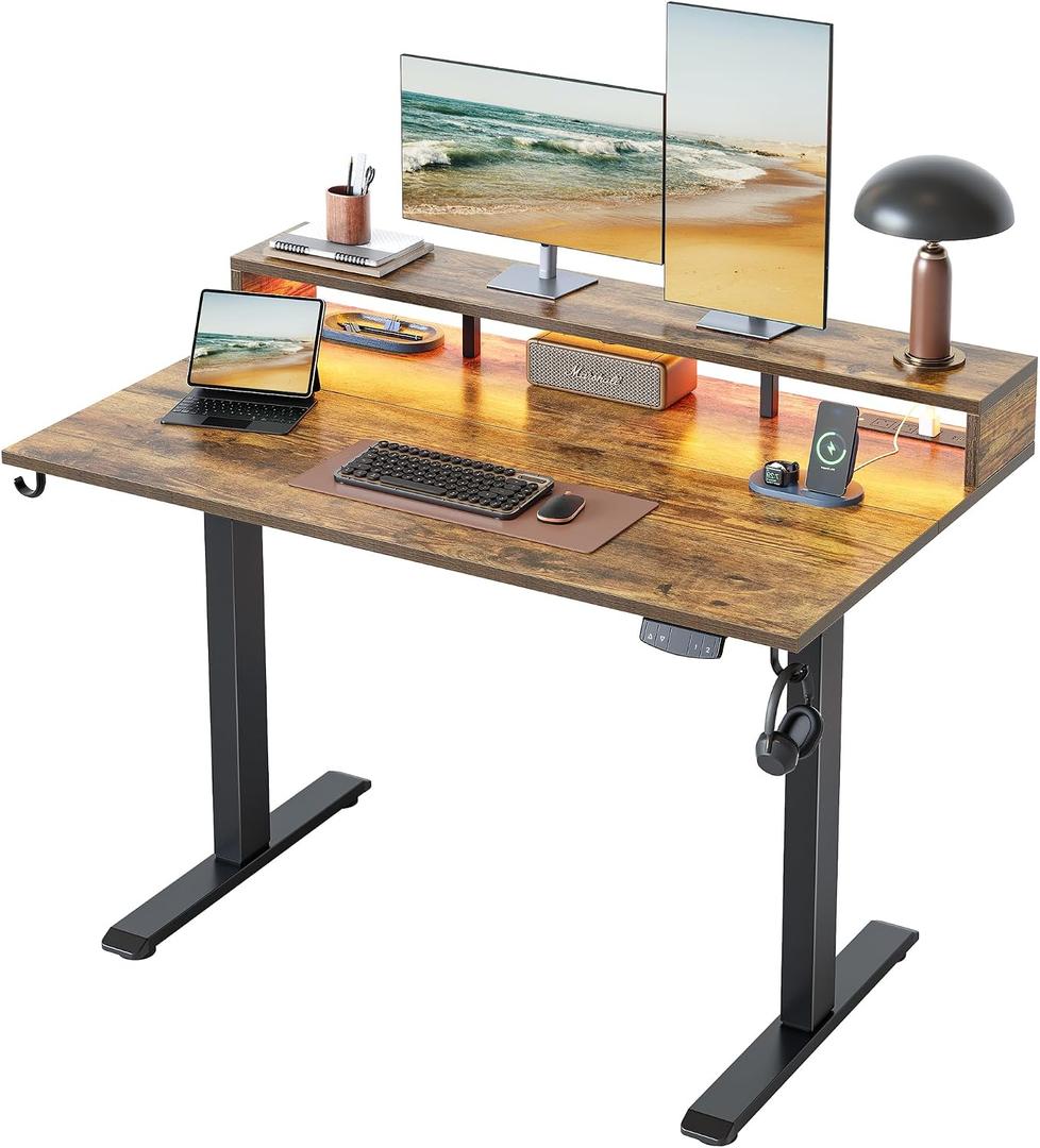 Klicelor Electric Standing Desk with Shelf, 48 Inch Height Adjustable Desk with Power Outlets & LED, Sit Stand Up Table with Monitor Stand, Computer Workstation for Home Office, Rustic Brown, 48 x 24 Inch with Shelf, Led and Power Strips