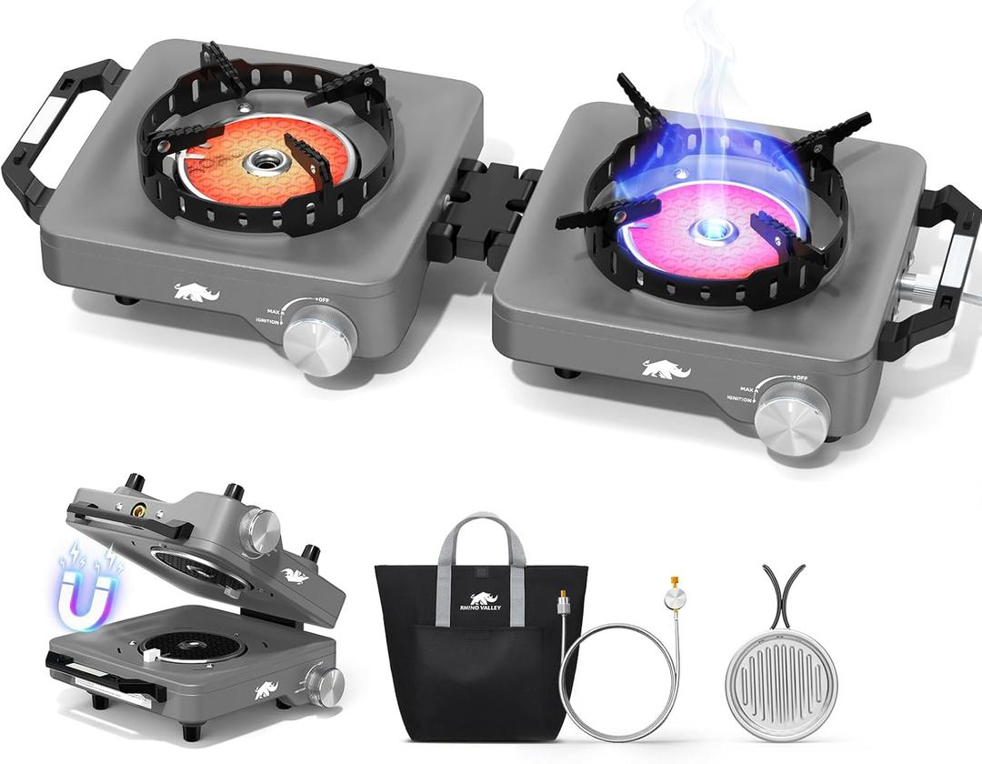 2 Propane Burners Camping Stove, 30,000 BTU Folding Camp Stove with Windproof Grates and Frying Pan,Portable Camping Stoves with Carrying Bag,Camping Essentials for Tailgating/Grilling/Coffee,Titanium