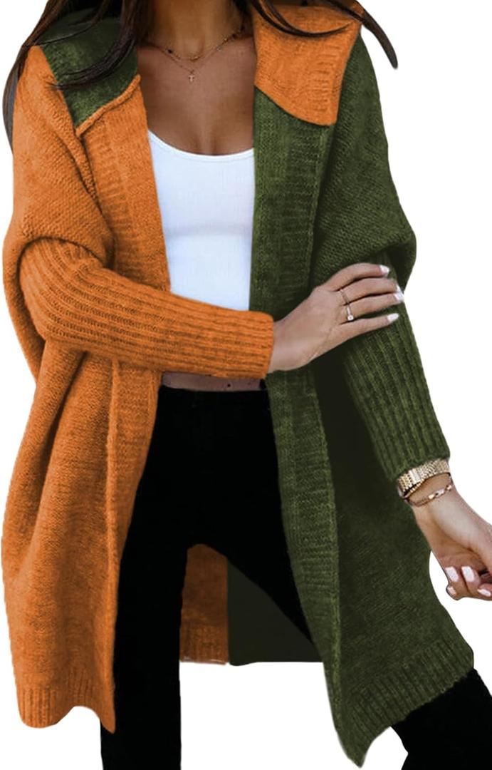Astylish Women 2026 Fall Outfits Open Front Long Sleeve Hooded Knit Cardigan Sweaters Color Block Outwear Coats (Small, Z Mustard)
