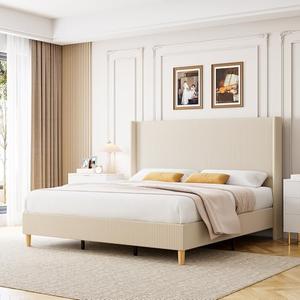 IDEALHOUSE Full Size Corduroy Upholstered Bed Frame, Platform Bed with 51" Tall Vertical Stripe Wingback Headboard, No Box Spring Needed/Wooden Slats/Noise Free/Beige