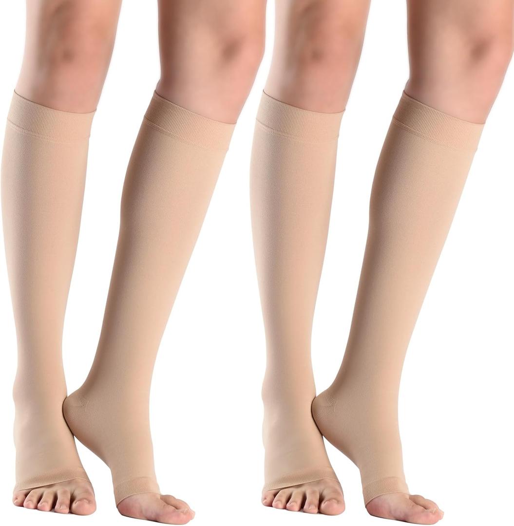 Gocushra 2 Pairs 20-30 mmHg Graduated Compression Socks for Women & Men, Open Toe Knee High stocking, Support Circulation, Travel & Daily Comfort (20-30mmHg Beige 2Pairs, Medium)