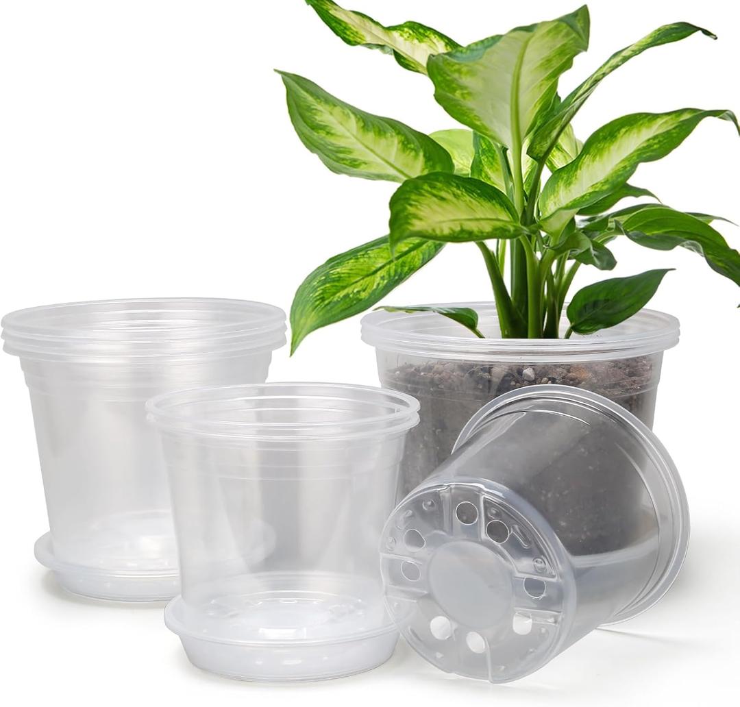 OUPSAUI 8/7/6 Inch Clear Nursery Pots with Drainage and Trays, 9 Pack Large Plastic Pots for Plant, Seedling Starter Pot, Garden Pots for Succulents Flower Vegetables Herb