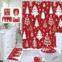 KMCCUMBER 4 Pcs Christmas Bathroom Sets with Christmas Shower Curtain Non Slip Rug Toilet Lid Cover and Bath Mat, Winter Shower Curtain Set for Kitchen Toilet Bathroom Decor(Red)