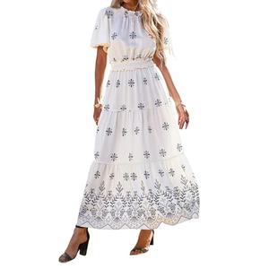 KIRUNDO Floral Maxi Dresses for Women 2026 Spring Summer Wedding Guest Short Sleeve Smocked Waist Flowy Beach Vacation Dress(White, Large)