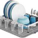 GSlife Stainless Steel Dish Drying Rack - Capacity Expandable in Sink Dish Drainer with Silicone Mat, Over Sink Dish Rack with Utensil Holder for Kitchen Counter, Large Capacity, Silver (Medium)