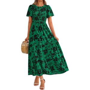 PRETTYGARDEN Women's 2025 Summer Casual Flutter Short Sleeve Boho Floral Maxi Dress Crew Neck Smocked Tiered Long Dresses (Floral Dark Green Black, Size XL)