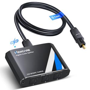 NEWCARE Digital Optical Splitter 1 in 3 Out,SPDIF Toslink Optical Audio Cable Splitter 1x3 Support LPCM2.0 Doldy Digital & DTS 5.1 for Xbox,PS4,PS5,DVD,TV Box,Home Theatre, Receiver,Sound Bar
