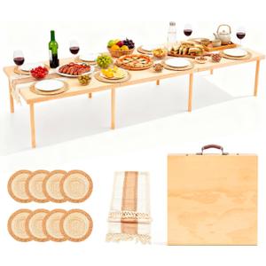 Novabright 90" x 30" Folding Boho Picnic Table with Woven Placemats and Table Runner Portable Low Picnic Floor Desk with Adjustable Legs for Beach, Wedding, Camping, 12 People, Tri-fold Style