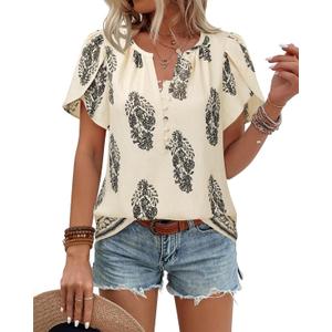 Timeson Womens Summer Tops Boho Short Sleeve Business Casual Blouses Button Down Floral Shirts Fashion Beach Vacation Clothes (XL)