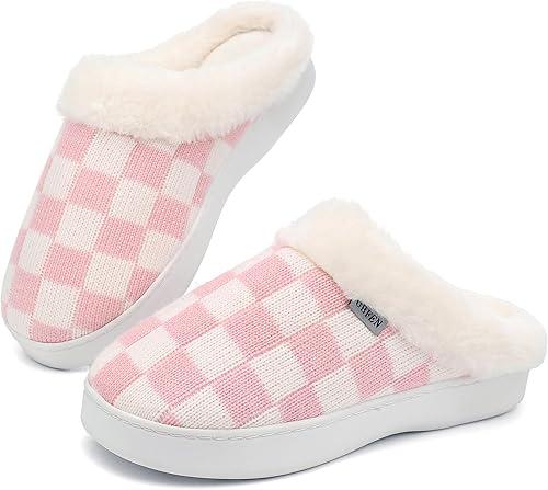 UBFEN Womens Slippers Classic Plaid Winter Warm with Memory Foam Fluffy House Shoes Platform Indoor Bedroom 36-37