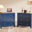 Huuger 23.6 Inch Night Stand with Charger Station and USB-C Port, 3 Drawer Nightstands Set of 2, Larger Wider Bedside Table, Modern End Table, for Bedroom, Blue Nightstand