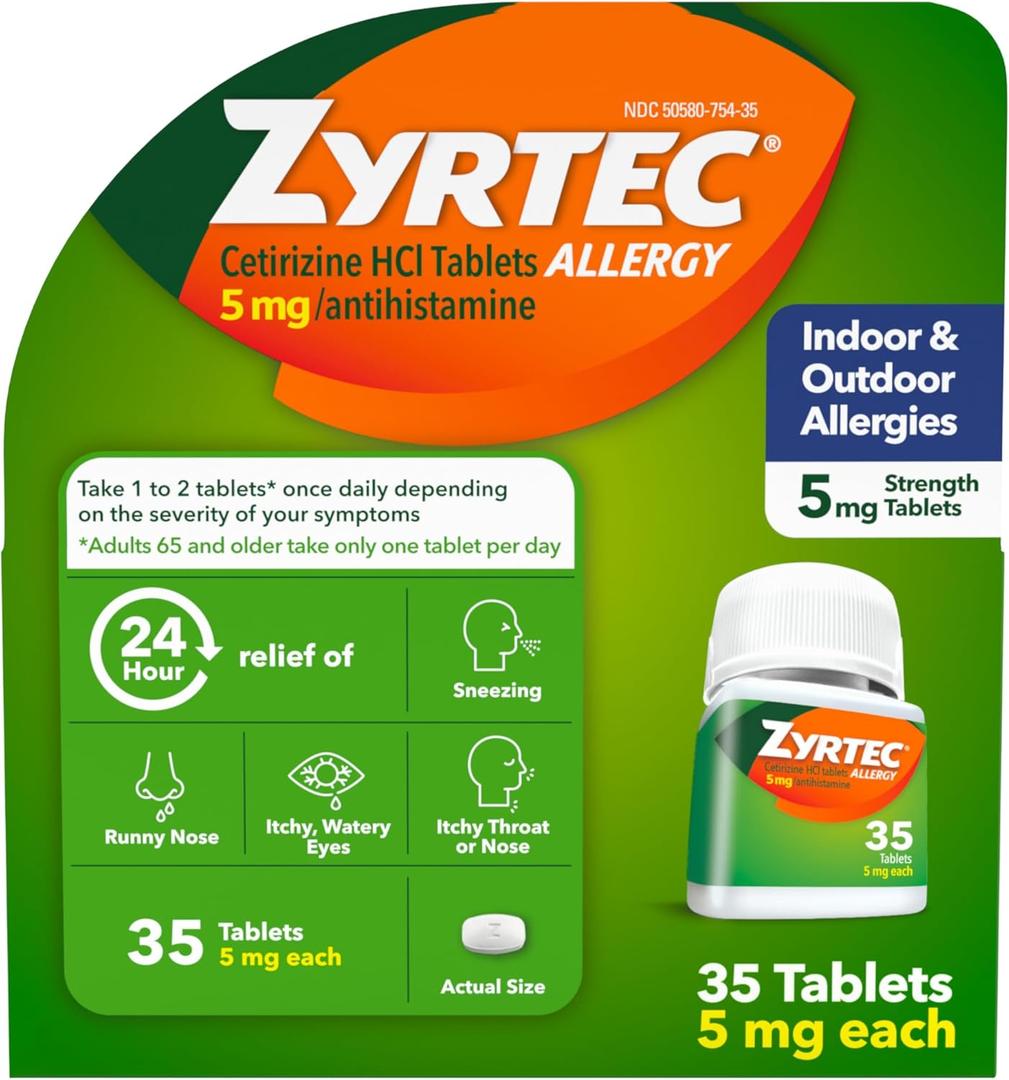 Zyrtec 24 Hour Allergy Relief Tablets, Indoor & Outdoor Allergy Medicine for Adults with 5 mg Cetirizine Hydrochloride, Relief of Runny Nose, Sneezing, Itchy Eyes, Plus Dust, Mold & Pet Dander, 35 ct, EXP 2027/07