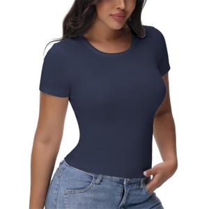 EasyFair Womens T Shirts Basic Short Sleeve Crew Neck Slim Fit Tees Summer Workout Casual Bodycon Tops 2025 Navy Blue, medium