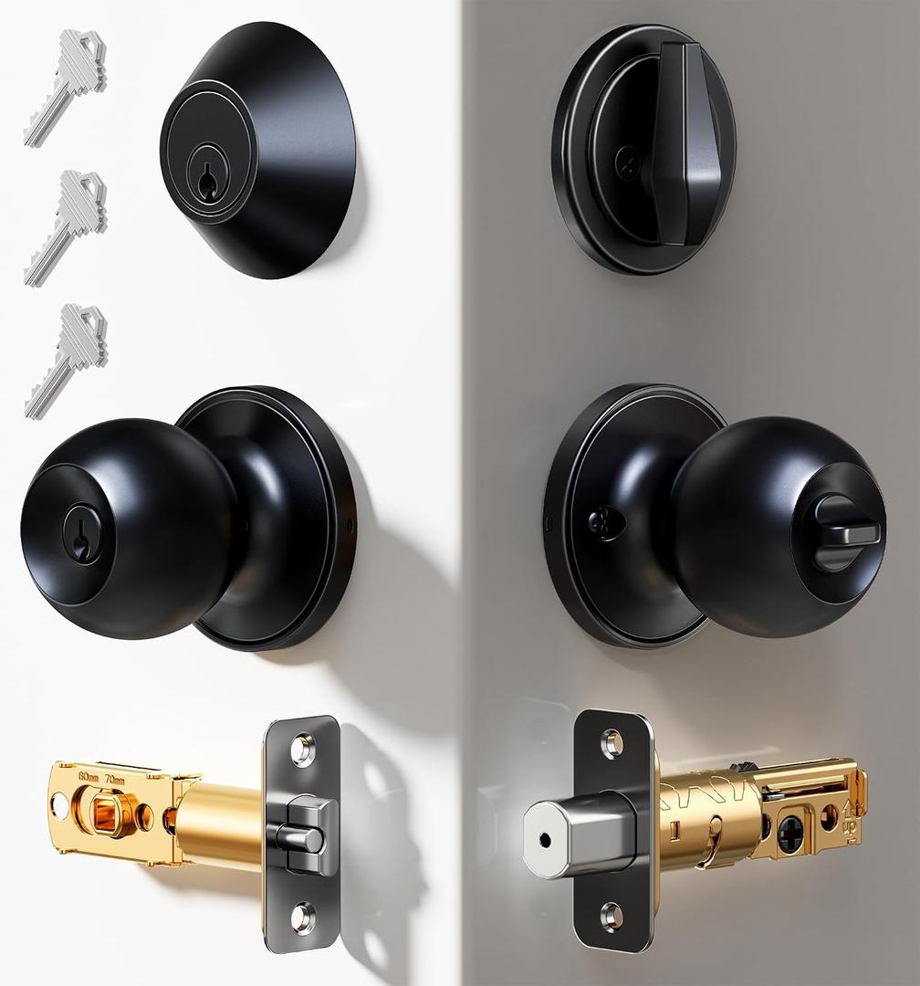 Veise Keyed Alike Exterior Door Knob and Single Cylinder Deadbolt Combo Set, Easy Installation Keyed Same Entry Door Lock for and Entrance Front Door, Heavy Duty, Matte Black