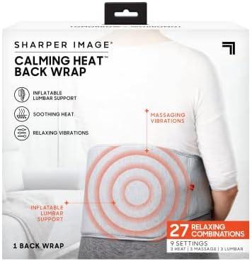 Calming Heat Back Wrap by Sharper Image- Electric Back Heating Pad with Customizable Inflatable Lumbar Support, Soothing Heat, & Massaging Vibrations- 9 Settings 3 Heat, 3 Vibration, 3 Lumbar