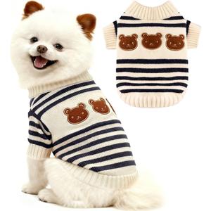 Dog Sweaters for Small Dogs with Cute Bear Pattern, Striped Soft Stretchable Warm Puppy Clothes for Small Dogs Cats, French Bulldog, Chihuahua for Winter (Blue), Small