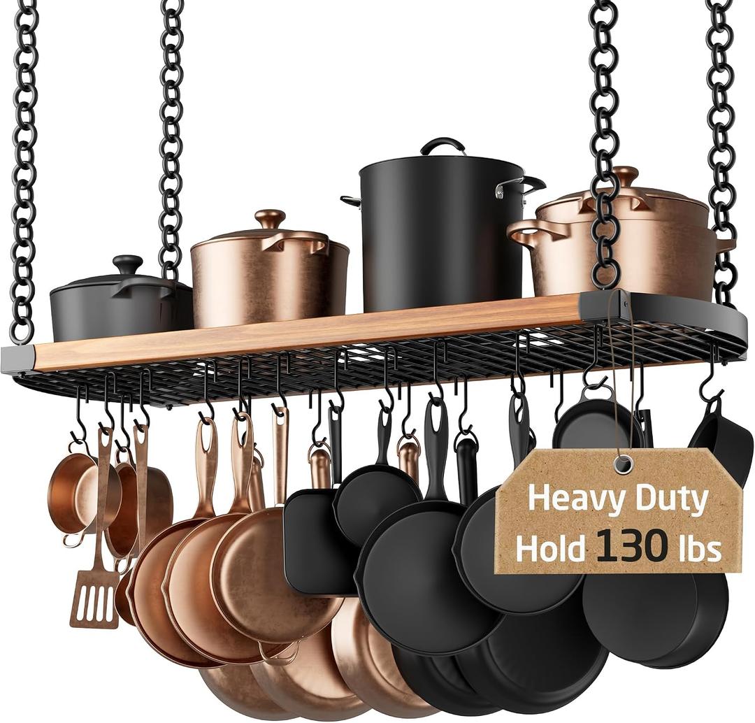 KES 48 Inch Large Hanging Pot Rack Ceiling Mount with 130lb High-Capacity, Ceiling Pot and Pan Hanging Rack with 20 Hooks, Heavy Duty Pot Hangers for Kitchen, Matte Black, KUR530S122-BK
