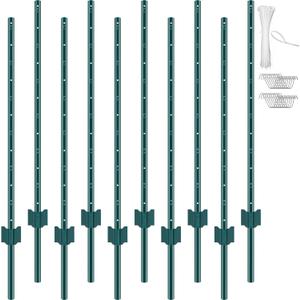 VEVOR 4 Feet Fence Post, 10 Pack U-Channel Heavy Duty Metal Fence Posts with 20 Zip Ties & 20 Clips, Sturdy Steel Fence Stakes for Garden Yard, Lawn, Farms and Outdoor Wire Fencing, Green
