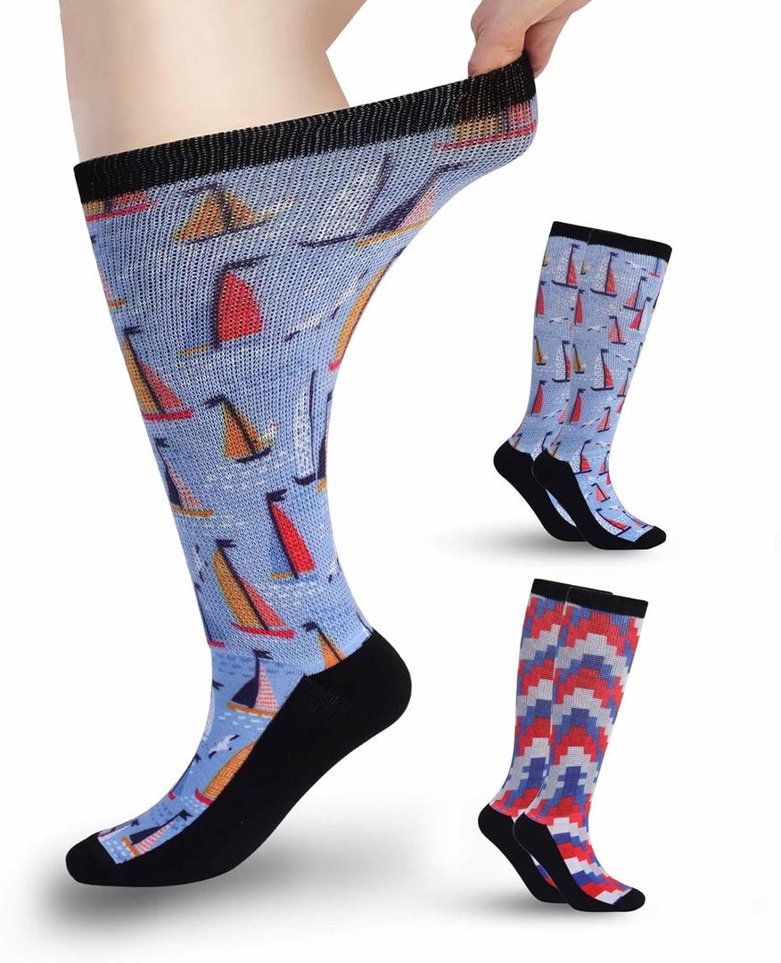 Diabetic Socks for Women & Men Extra Wide, Over The Calf Non Binding Lymphedema Neuropathy Swollen Feet for Women Men (H-sailboats & Digital-2pairs) XL