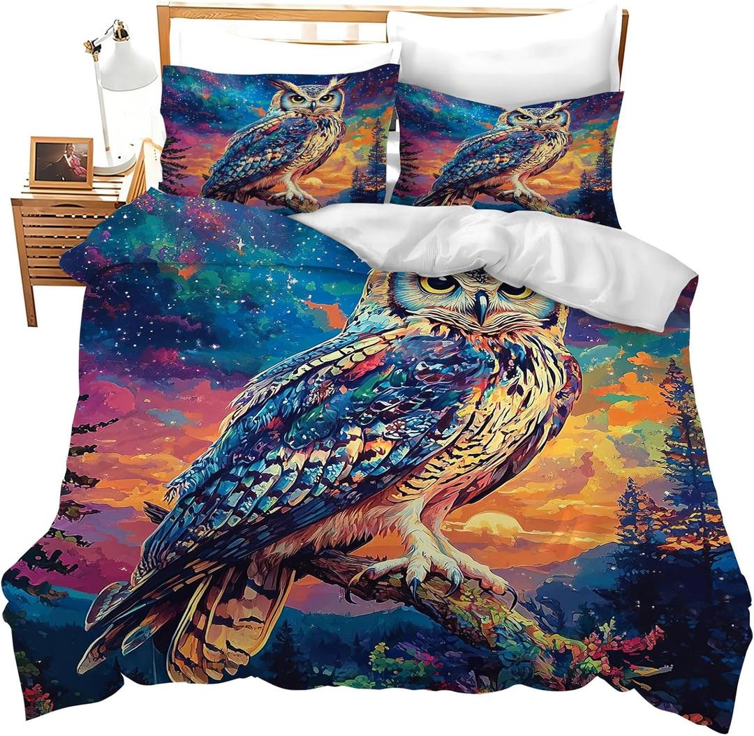 jamie world Owl Bedding Set King Size Animal Forest Duvet Comforter Cover Fantasy Cozy Quilt Cover Decorative Soft Bed Sets with 2 Pillowcases for Kids Adults