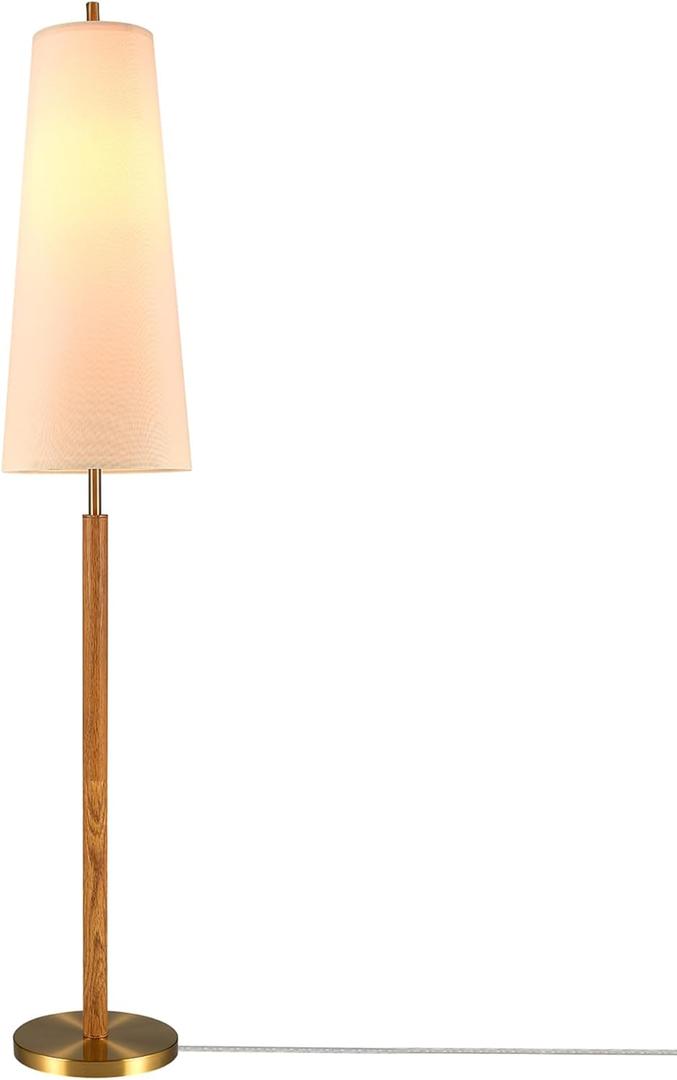 Globe Electric 61000173 63" Floor Lamp, Matte Brass, Wood Toned Accent, Long White Fabric Shade, in-Line On/Off Foot Switch, 6.7-Foot Clear Cord, 1-Light, 60W E26/Medium Base Bulb