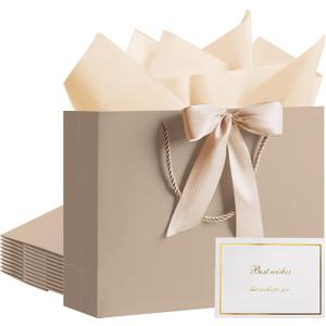 PASEOTA 12.6" Gift Bags Bulk, 10 Pcs Gift Bags with 20 Tissue Paper 10 Greeting Cards, Luxury Bag with Handles for Wedding Birthday Mother's Day (Champagne)