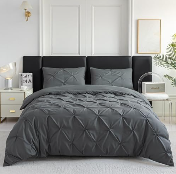 PY HOME & SPORTS 2 Pieces Bedding Duvet Cover Set, Pinch Pleated Twin Duvet Cover, Pintuck Comforter Quilt Cover with 1 Pillow Shams-Light Grey