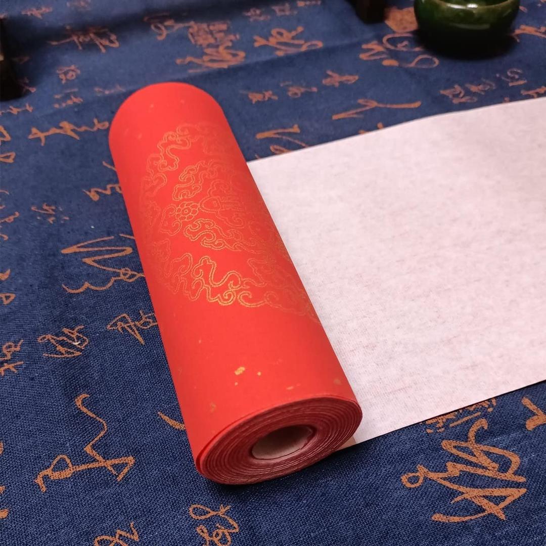 KYMY Chinese Red Xuan Paper Roll, Spring Festival Asian Blank Calligraphy Rice Paper- 17cm x 20m, Double Fish Door Chunlian Duilian Scrolls Couplets for Asian Vietnamese Korea Lunar New Year  (17cmX20M & 6.7 inch X 65.6 feet)