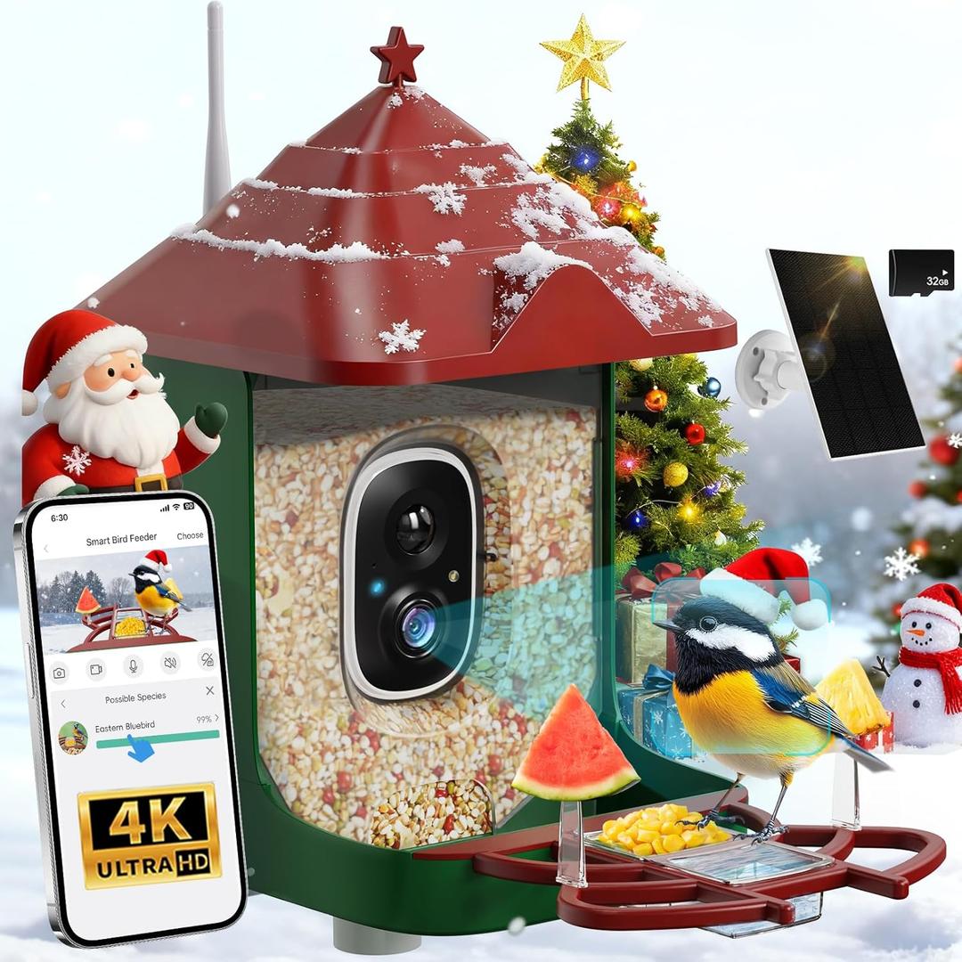 Smart Bird Feeder with Camera, Solar Panel & 5200mAh Battery, 4K HD Video, AI Identification, Instant Arrival Alerts & Alarm, IP65 Weatherproof, 32GB Card, 2L Capacity, for Bird Lover (Red Green)