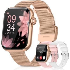 Smart Watches for Women, Fitness Tracker Watch for Android iPhone, Sleep/Heart Rate/SpO2/Blood Pressure Monitor, 1.85'' Smartwatch for Calls/SMS/Notifications, 100+ Sports Modes, 300+ Dials, 3 Bands (Gold)