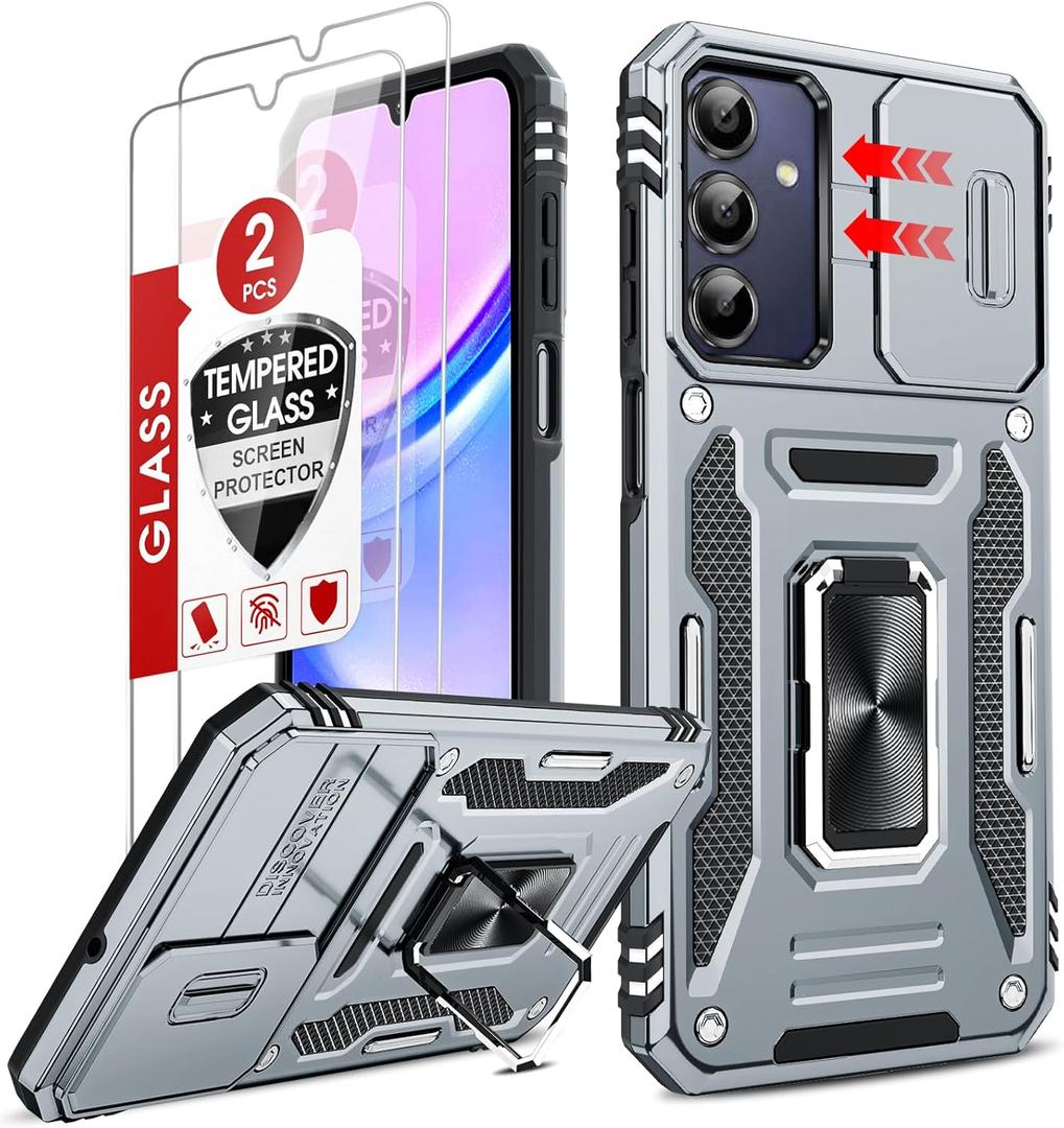 LeYi Compatible for Samsung Phone Case Galaxy A15 5G : A15 5G Screen Protector [2 Packs] & Magnetic Kickstand, Dual Layer Cell Protective para Mobile Smart Teléfono Galaxy A15 5G Phone Case Cute, Grey