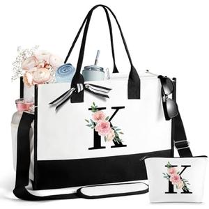 Mothers Day Gifts for Women Birthday Gifts for Women Large Initial Canvas Tote Bag Makeup Bag Beach Travel Shopping (Black Letter Pink Floral)