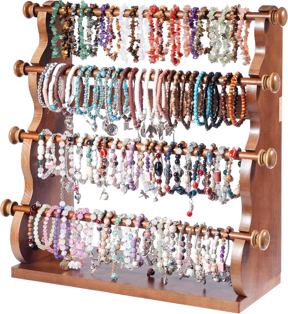 4 Tier Wooden Bracelet Holder, Bangle Watch Necklace Display Storage Antique Bracelet Display Jewelry Holder Stand Display Organizer, Brown 4 Tier Wooden Bracelet Holder