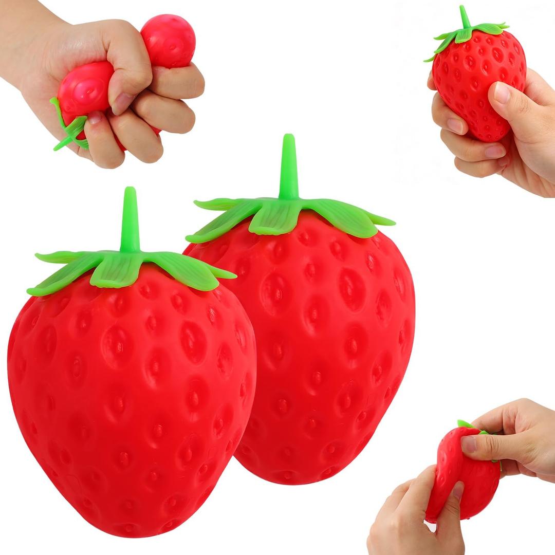 2PCS Squishy Squeeze Strawberry Slow Rising Stress Ball, Realistic Fruit Squeeze Toy, Adults Sensory Fidget Strawberry Squishy for Anxiety Relief, Focus Improvement, Desktop Decoration