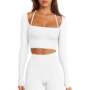 LASLULU Womens Sexy Square Neck Crop Top Ribbed Seamless Long Sleeve Workout Tops Halter Neck Athletic Yoga L