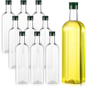 Dandat 10 Pack 34 oz 1000 ml Clear Bottles 1 Quart Plastic Olive Oil Bottles with Screw Caps, Empty Long Neck Square Wine Bottles for Kitchen Self Watering Devices for Plants