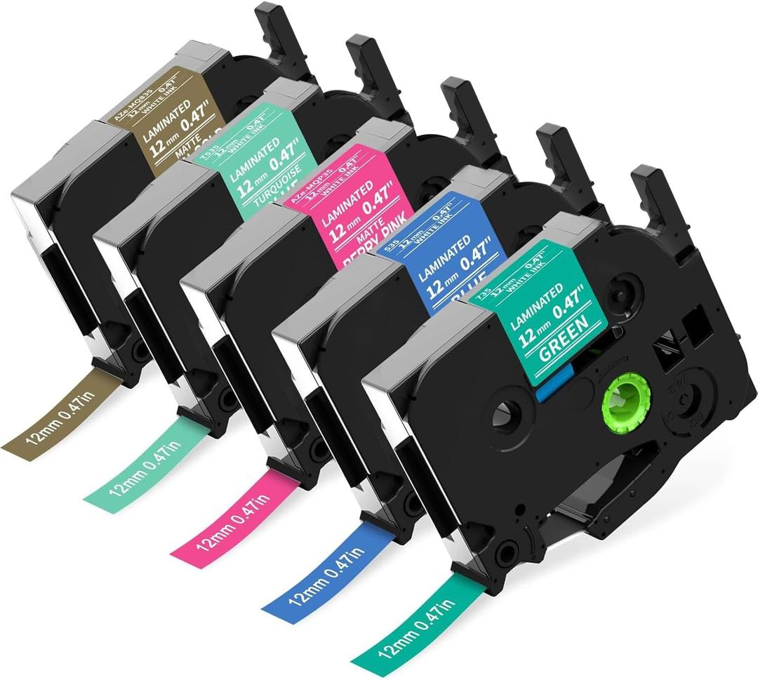Compatible TZ 12mm 0.47 Color Tape Replacement for Brother P-Touch Label Maker Tape TZe White on Color Ribbon, Compatible with Brother Ptouch PT-D200 D210 D220 PT-H100 H110 D400 Cube, 5 Pack (Turquoise/Berry Pink/Blue/Green/Satin Gold)