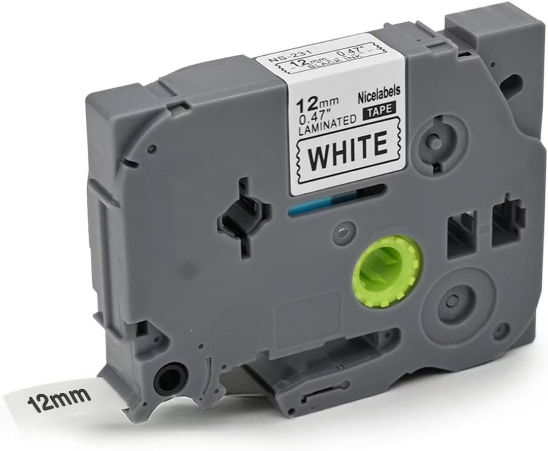 1-Pack 12mm 0.47" Laminated White Label Maker Tape Refill  Replacement for Brother P Touch Label Maker Tape TZe231 TZe-231 TZe, Compatible with Brother P-Touch Label Maker PT-D200 PT-2040 PT-1000