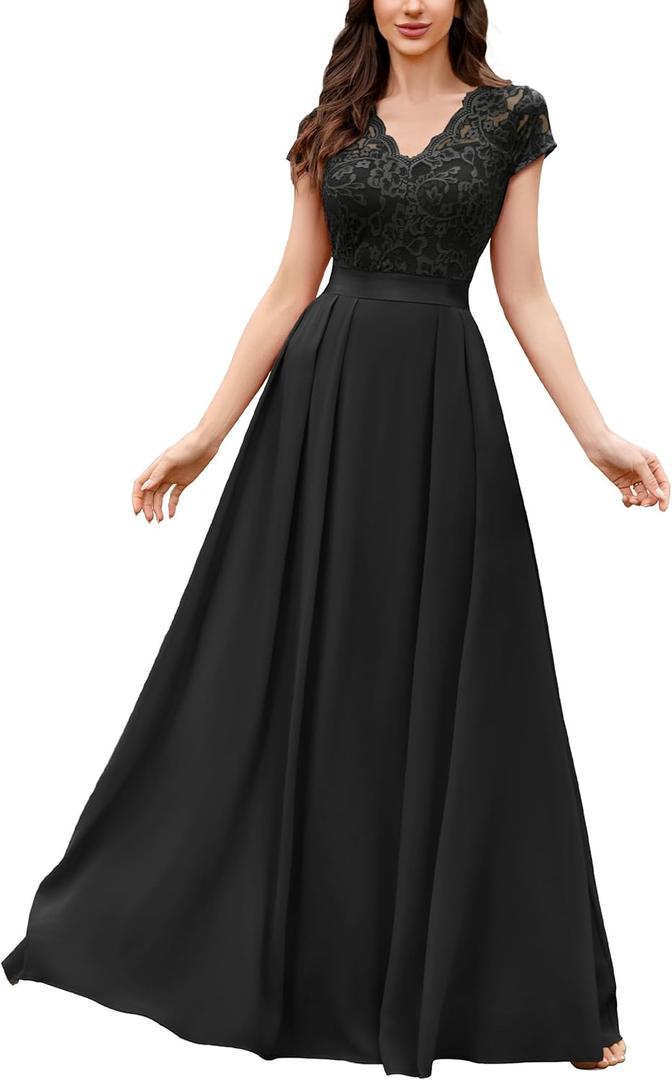Miusol Women's Elegant Floral Lace Formal V Neck Bridesmaid Party Dress (Medium, Black)