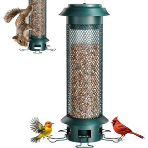 Large Squirrel-Proof Bird Feeder with Removable Tray, Weight-Activated Outer Cage, 5 Perches, 4 lb Capacity, Easy to Fill & Spill-Proof, Tube Bird Feeder for Outdoor Cardinals, Finches (Green)