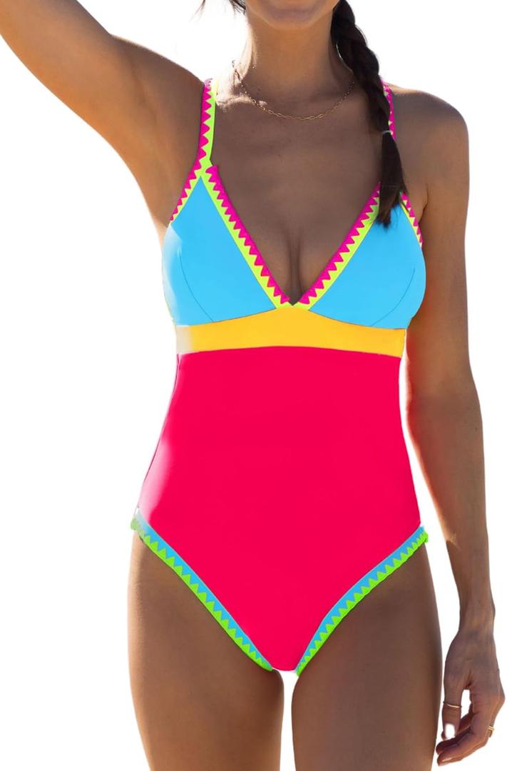 popvil One Piece Swimsuit 2025 Tummy Control Women Bathing Suit Shapewear Swimsuits Slimming Neon Cute Tie Back Swimwear (X-Large, Colorblock4)