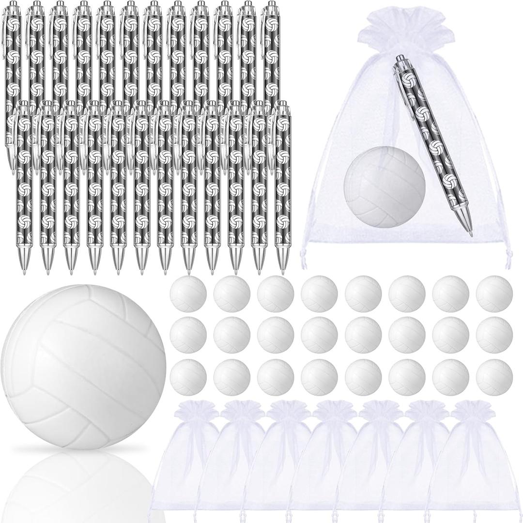 72 Pcs Volleyball Party Favors Include 24 Pens Sports Ballpoint Pens 24 Mini Stress Balls Soft Foam Volleyball 24 Bag for Party Decoration Supplies