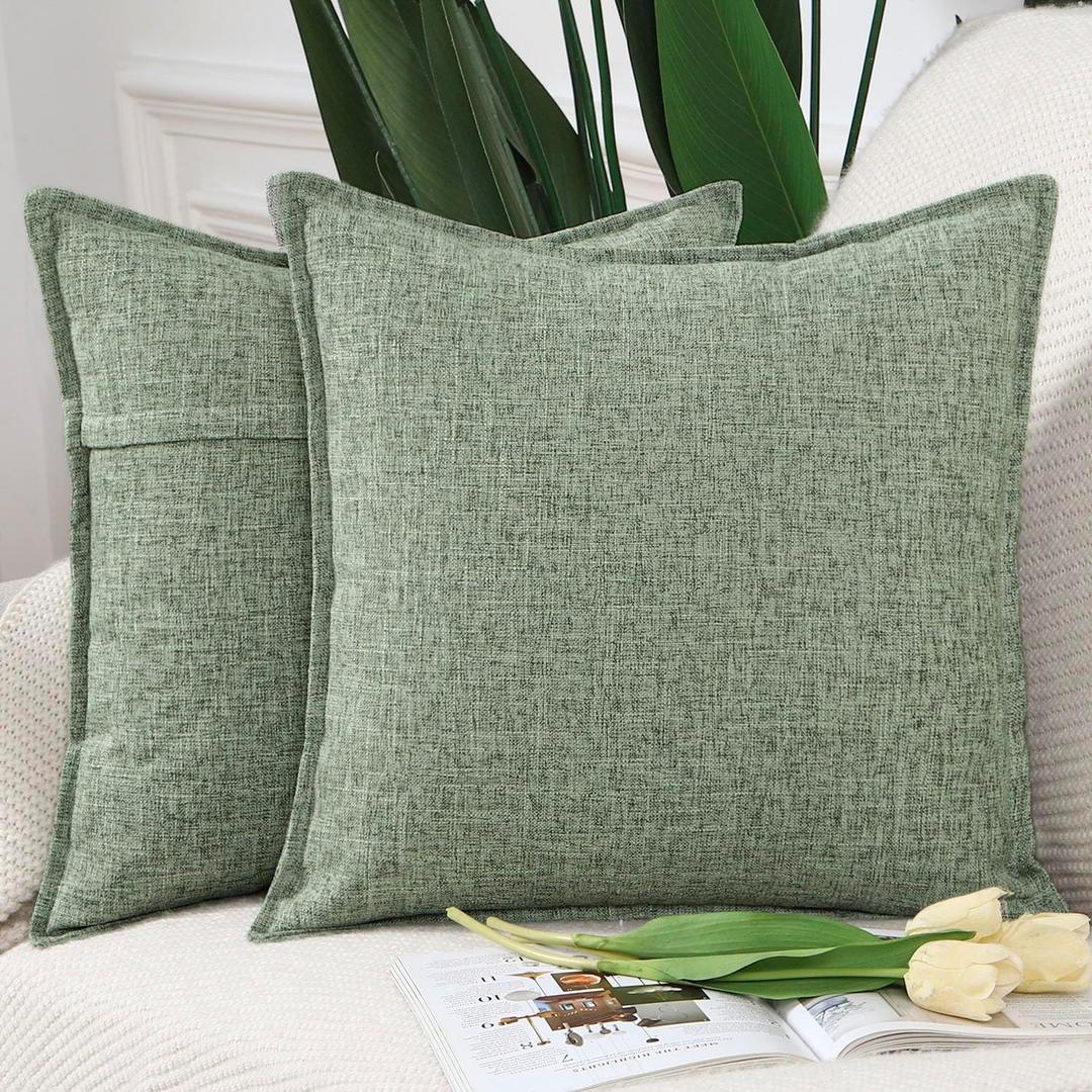 MADIZZ Set of 2 Flanged Linen Throw Pillow Covers 18x18 Inch Greyish White Soft Decorative Cushion Cover for Sofa Bedroom Pillow Shell