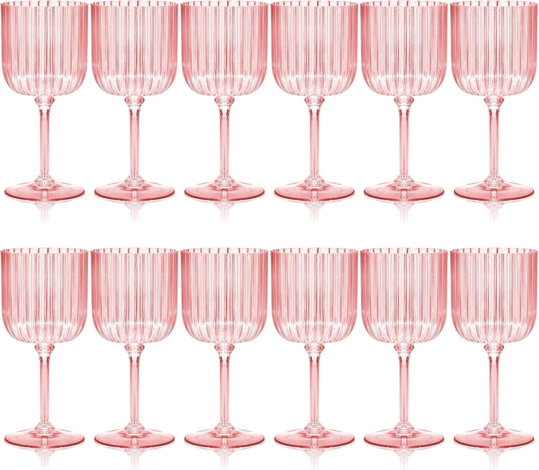 12 Pack Plastic Ribbed Glasses With Stem 11 oz Goblet Detachable Glass Disposable Champagne Cups Vintage Style for Wedding Anniversary Birthday Dinner Parties (Pink)