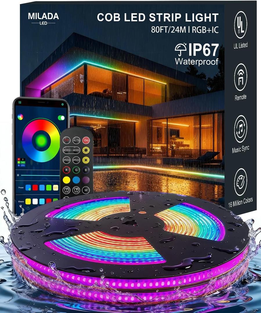 80ft/24m COB LED Strip Lights Outdoor, Smart RGB IC IP67 Waterproof Dimmable Color Changing Tape Light with App Remote Control & Music Sync, for Eave, Patio, Pool & Party Darden Decorations(2 Rolls)